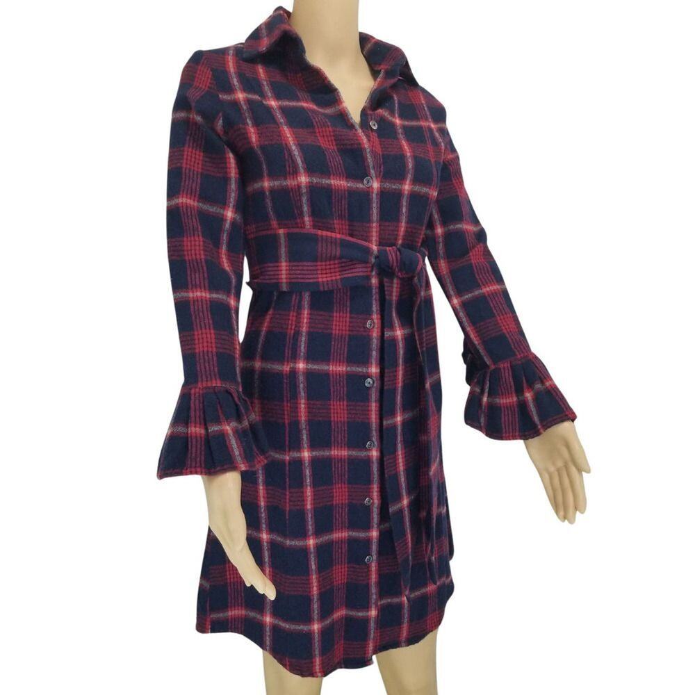 Our Fine Garments by Bell Red Plaid Flannel Button Up Shirt Dress Sz Sm Vintage